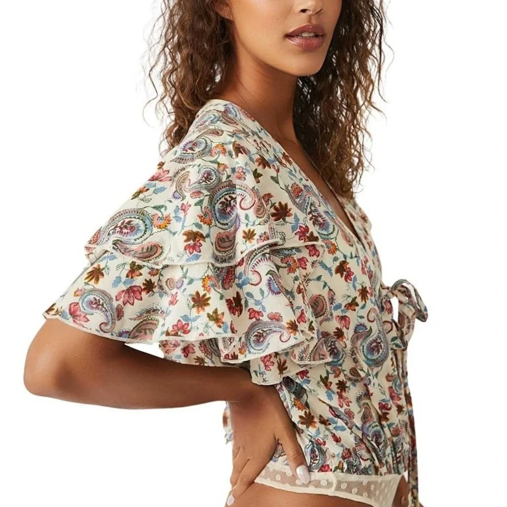 Free People Intimately Call Me Later Paisley Floral Ruffle Tie Front Bodysuit XS